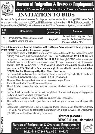 Bureau of Emigration & Overseas Employment Islamabad Tender Notice
